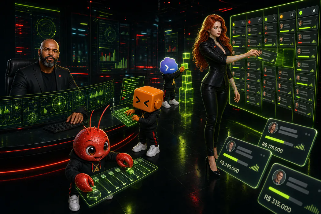 Denderson na mesa ultrawide coordenando a Naia e os mascotes do Instituto Avalanche